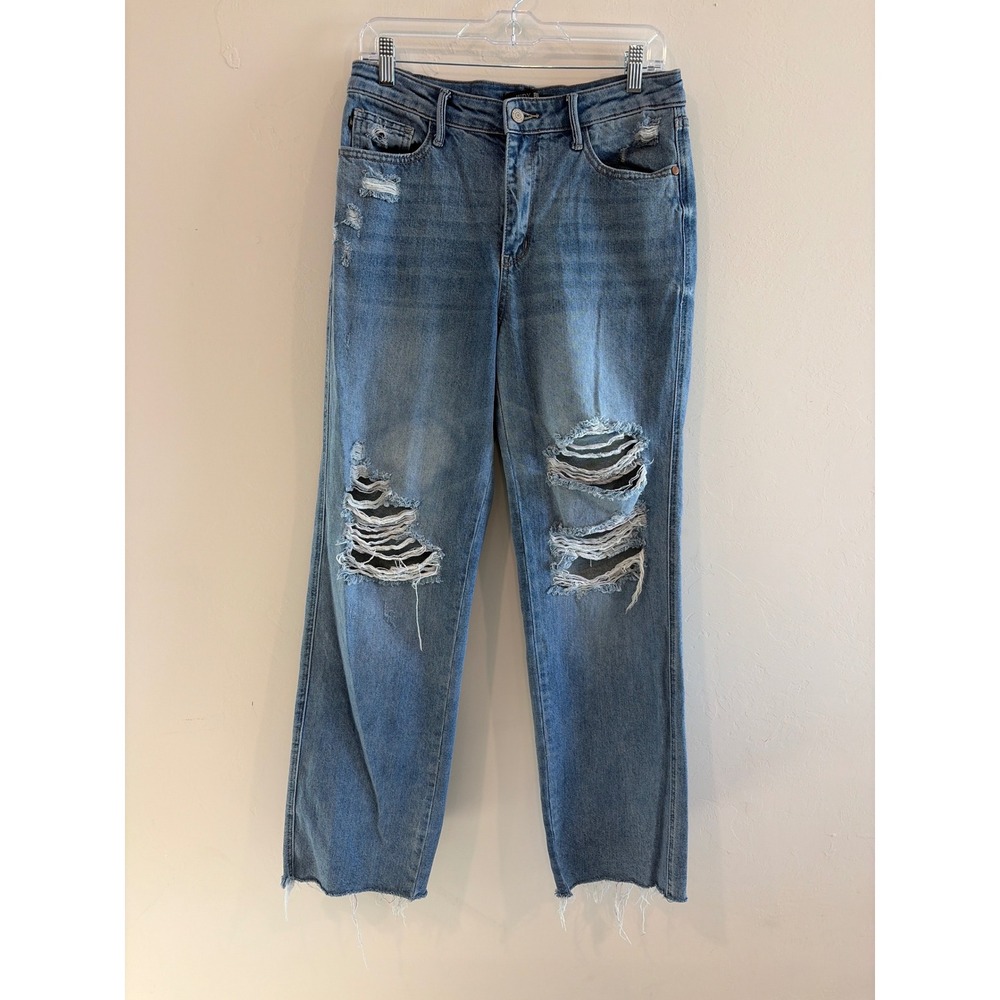 Judy Blue 90s Straight Leg Distressed Jeans Medium Wash Frayed Hem Size 5/27